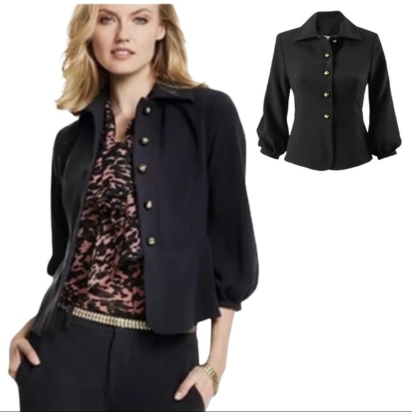CAbi Abbott Blazer Jacket Black Ponte Knit Button 3/4 Puff Sleeve 3027 Size 4 - Picture 2 of 13